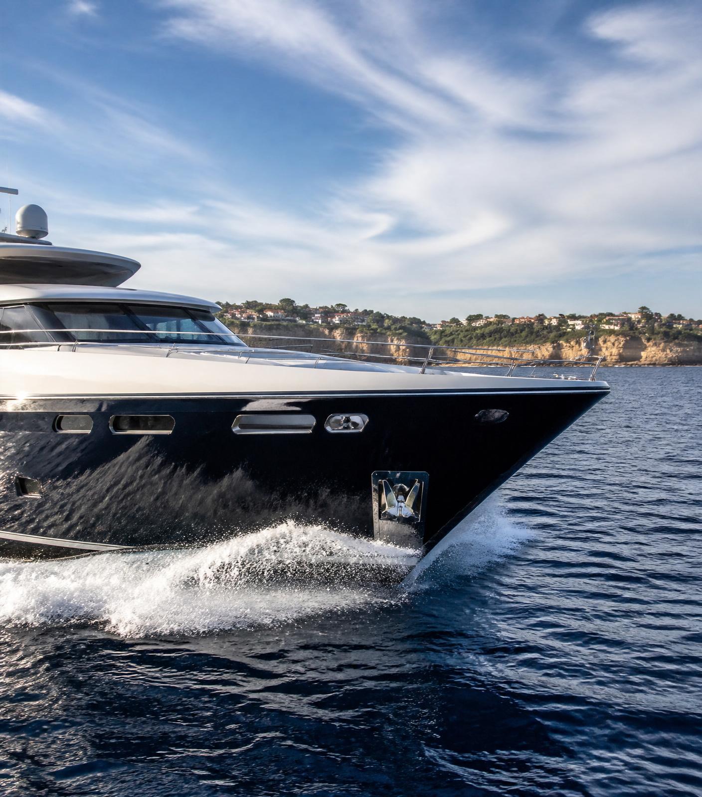 Luxury yacht bow cutting through blue water