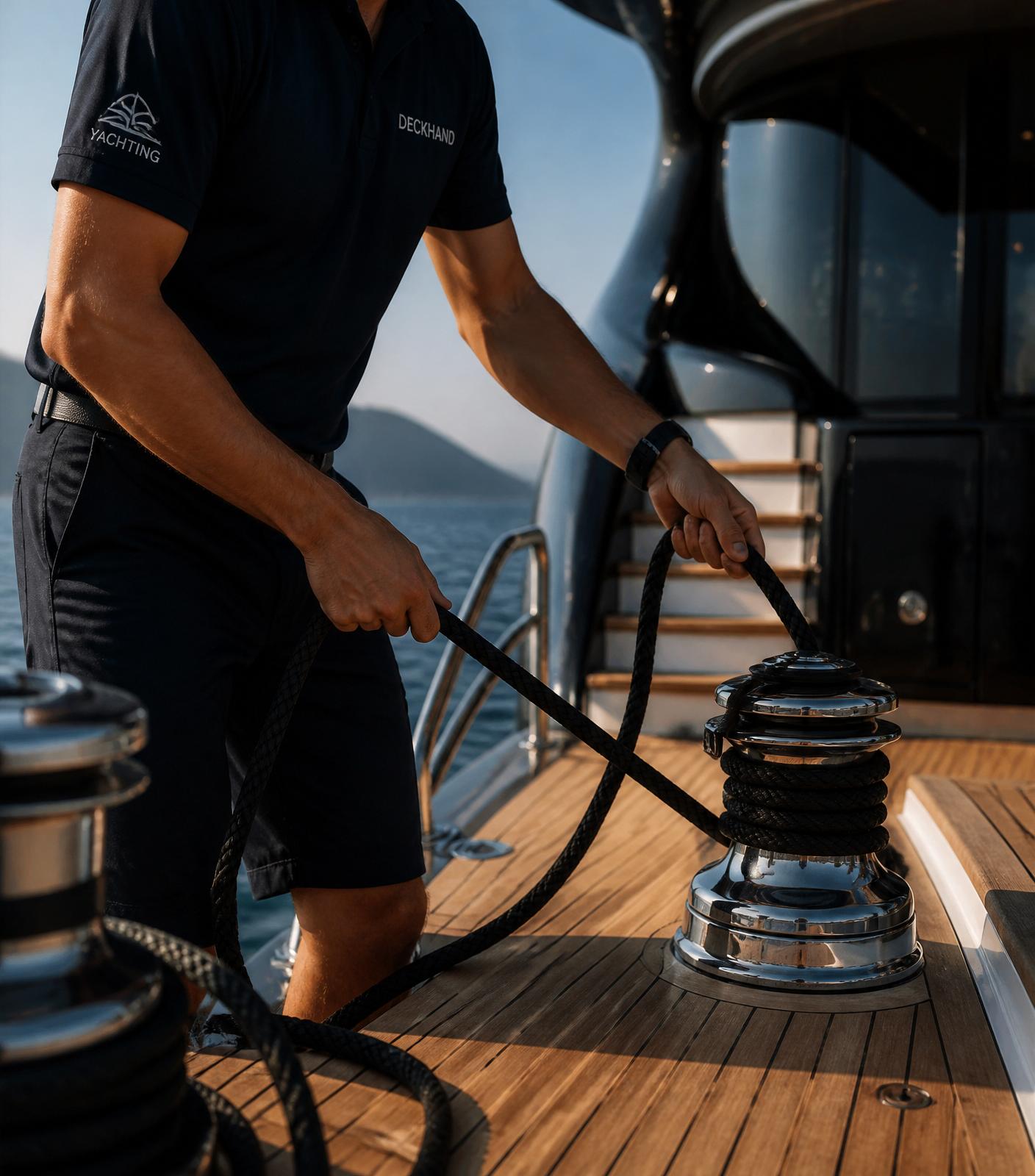 Professional deckhand working on a yacht